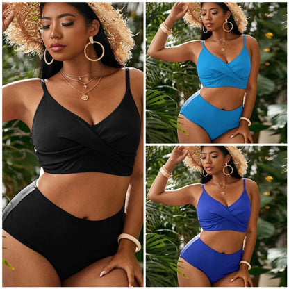 European And American Sexy Plus Size Solid Color High Waist Split Sexy Bikini Swimsuit