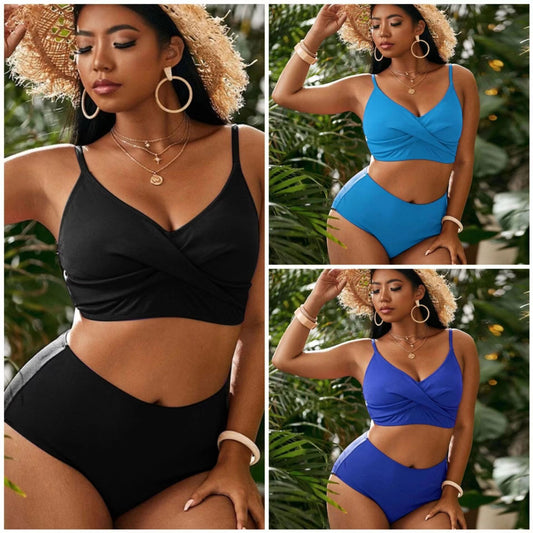 European And American Sexy Plus Size Solid Color High Waist Split Sexy Bikini Swimsuit