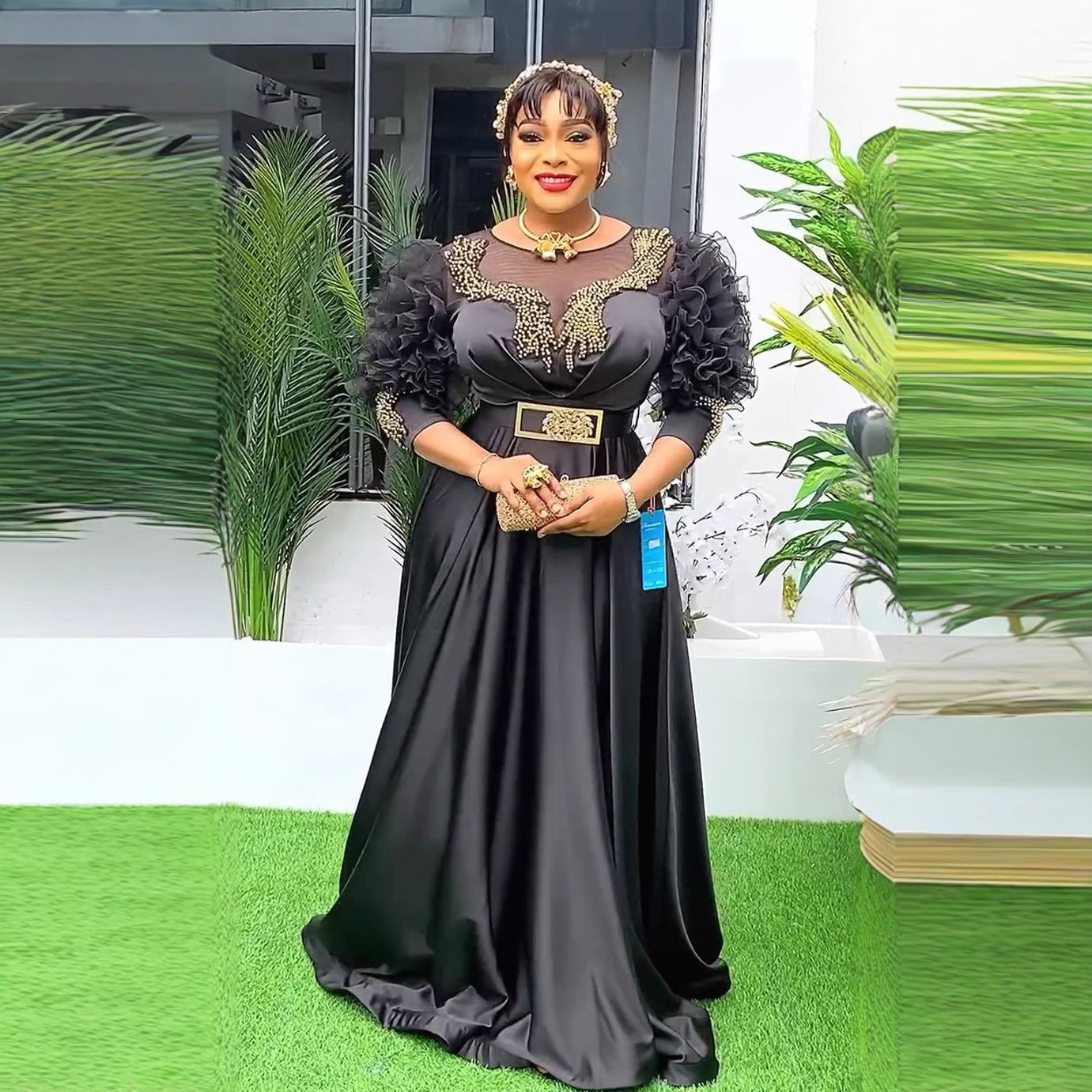 Women's Clothing Lace Sleeve High Waist Dress