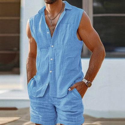 Men's Casual Stand Collar Cardigan Vest Cotton And Linen Style Suit