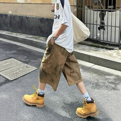 Washed Old Niche Design Straight Baggy Denim Shorts