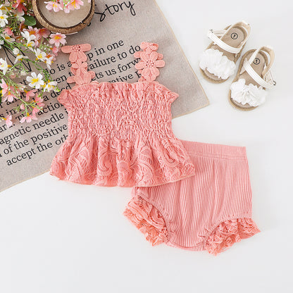 Mesh Smocking Sling Top Harem Pants Lace Two-piece Set