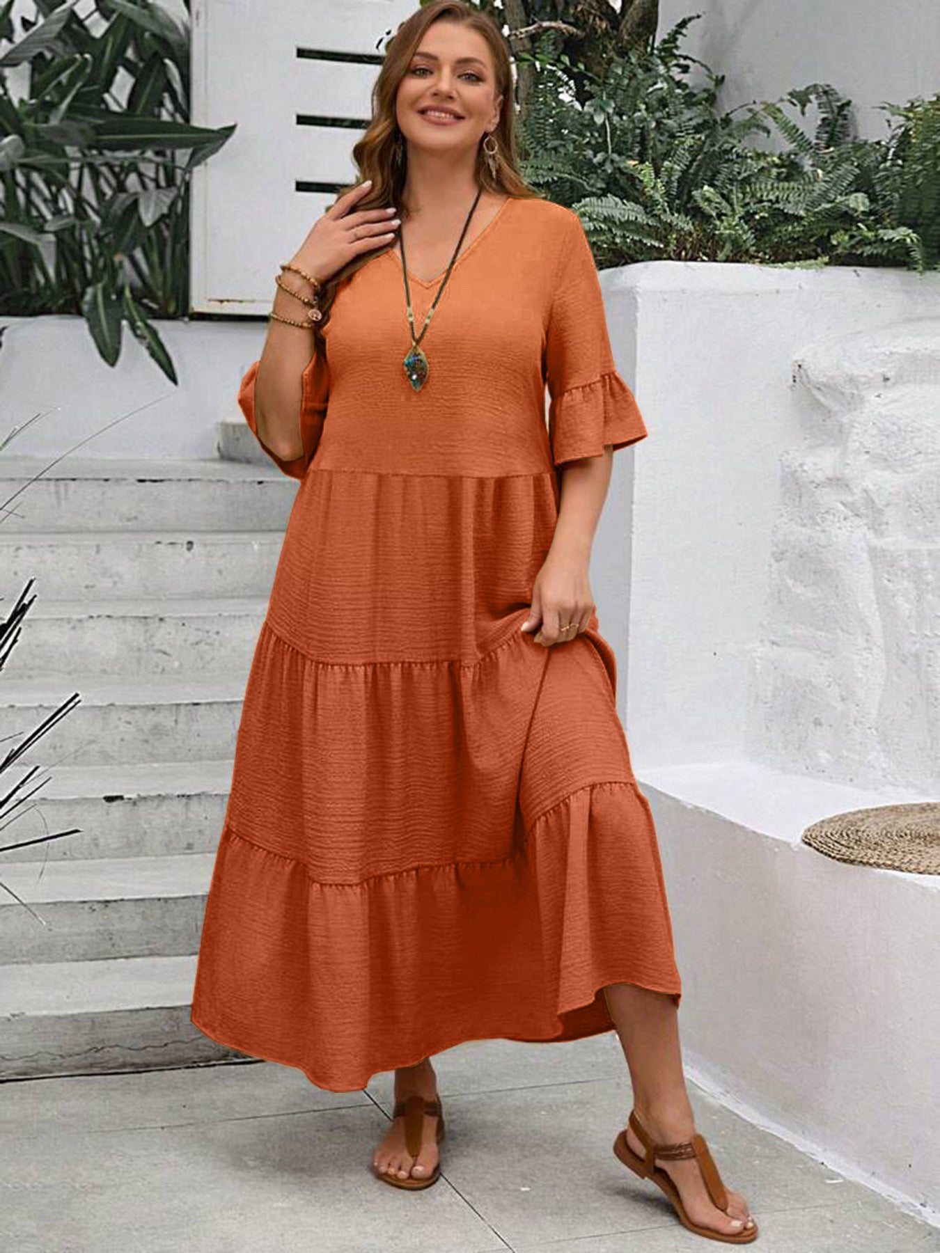 V-neck Stitching Multicolor Long Large Hem Plus Size Dress