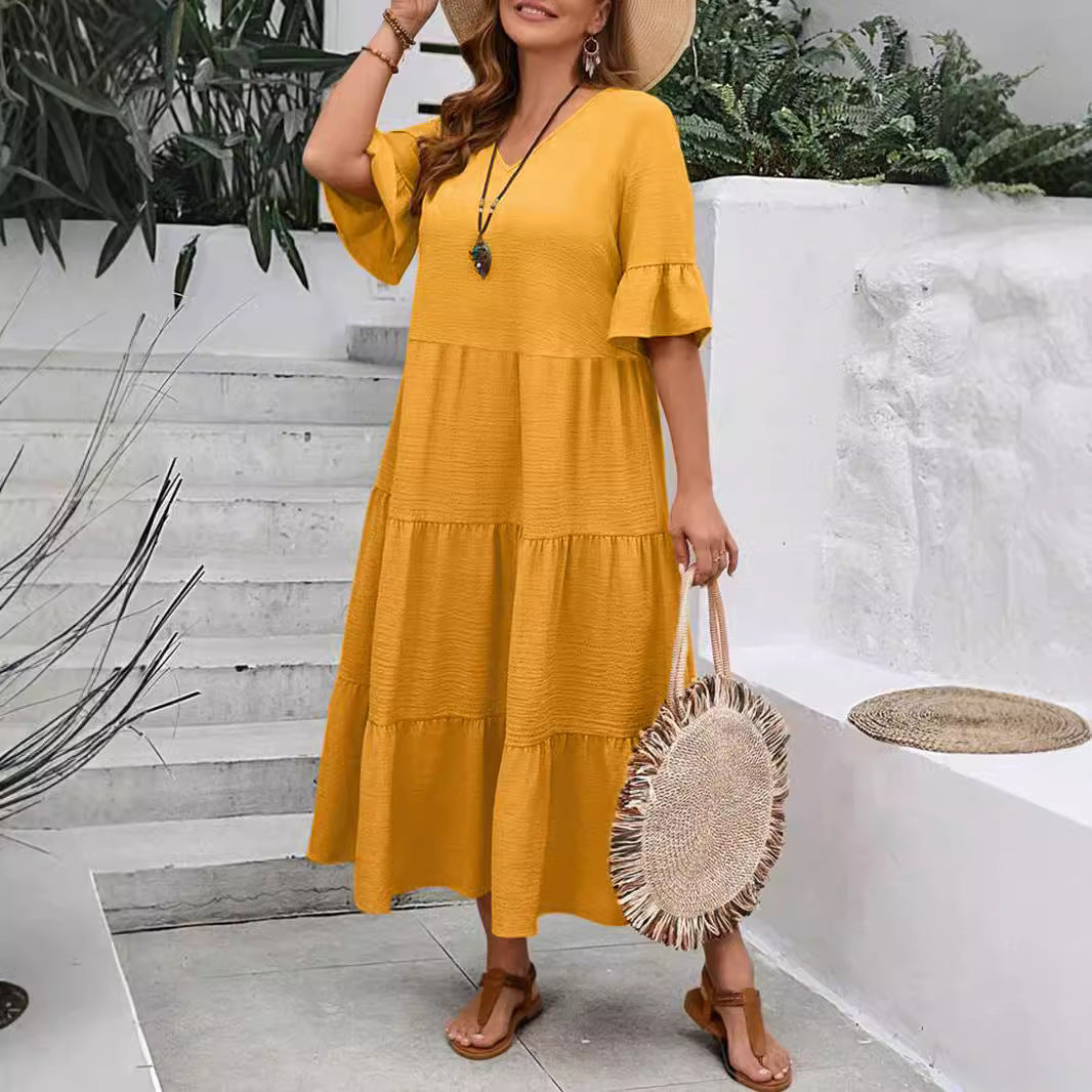 V-neck Stitching Multicolor Long Large Hem Plus Size Dress