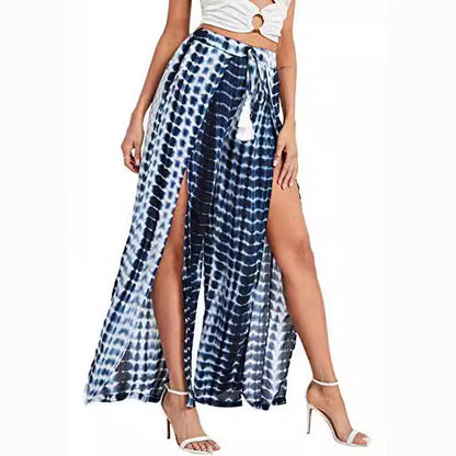 Trendy Leopard Print Casual Tassel Lace-up Waist Leopard Print Wide-leg Pants