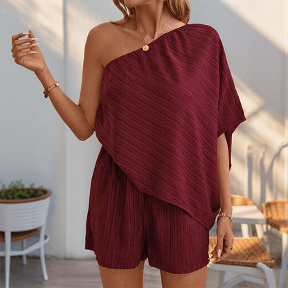 Texture Oblique Shoulder Solid Color Jumpsuit