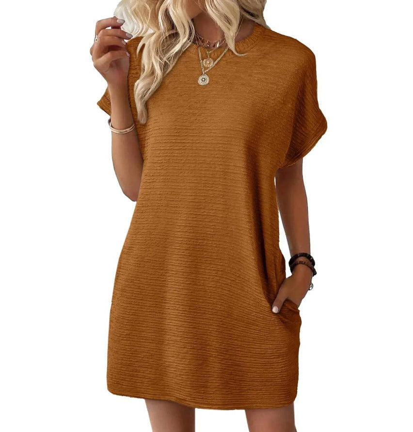 Loose Round Neck Pocket Solid Color Short Sleeve Dress Women