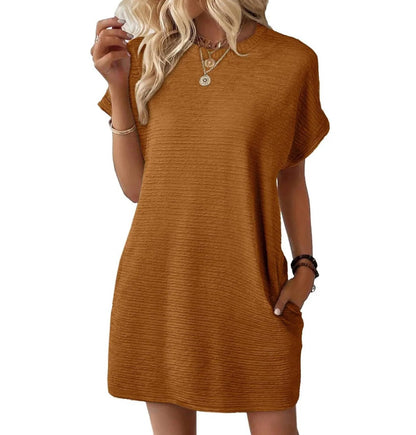 Loose Round Neck Pocket Solid Color Short Sleeve Dress Women