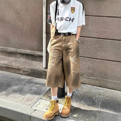 Washed Old Niche Design Straight Baggy Denim Shorts