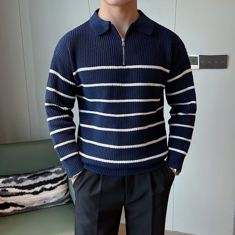 Design Half Zipper Striped Sweater For Men