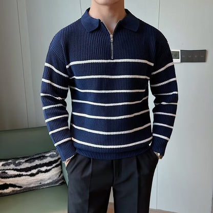 Design Half Zipper Striped Sweater For Men