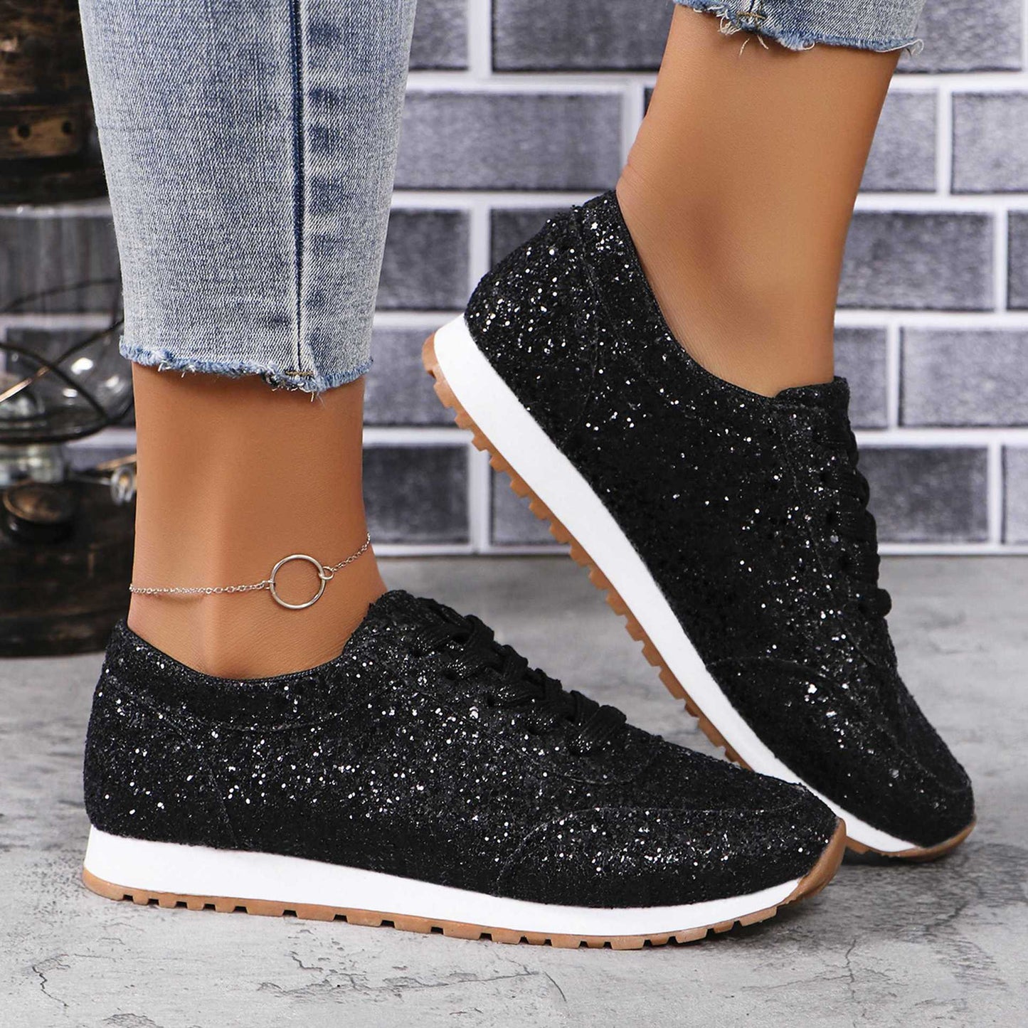 Beautiful Sequin Lace-up Flat Casual Sports Single-layer Shoes Women