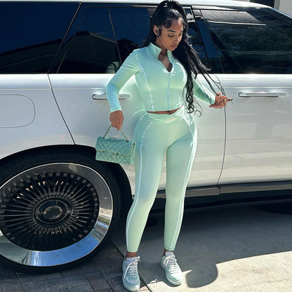 Midriff-baring Long Sleeve Top Slim-fit Sheath Trousers Suit Women