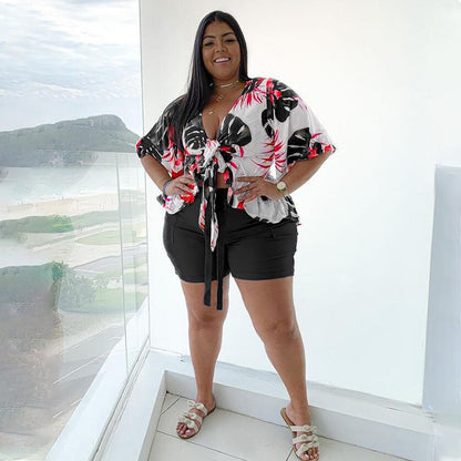 Women's Plus Size Two-piece Suit Printed Casual Cardigan Shorts Suit