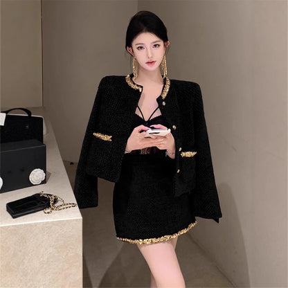 French Rich Lady Black Paillette Woolen Suit