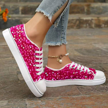 Fashion Round Toe Flat Bottom Lace-up Sequins Casual Pumps