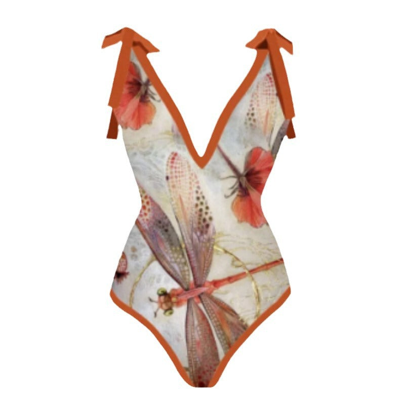 European American And French Style Retro Printed One-piece Swimsuit For Women