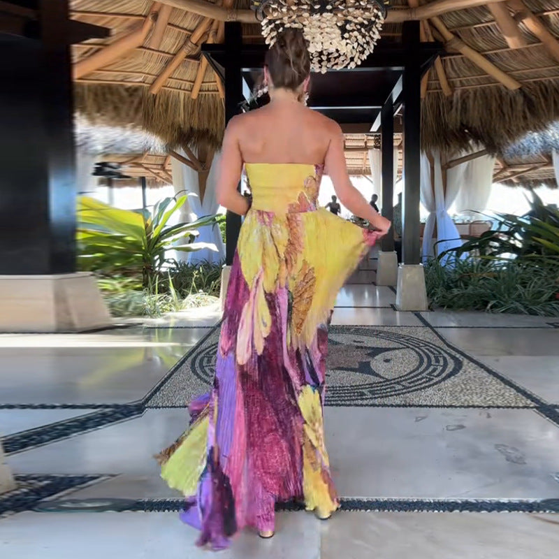 Women's Printed Bandeau Slim-fit Vacation Style Dress