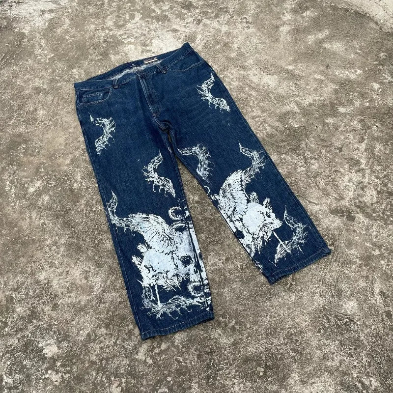 Streetwear New Fashion Oversized Print Baggy Jeans Women Y2K Gothic Vintage Hip Hop Pop Casual High Waist Wide Leg Pant Clothing