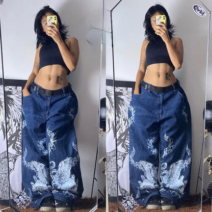 Streetwear New Fashion Oversized Print Baggy Jeans Women Y2K Gothic Vintage Hip Hop Pop Casual High Waist Wide Leg Pant Clothing