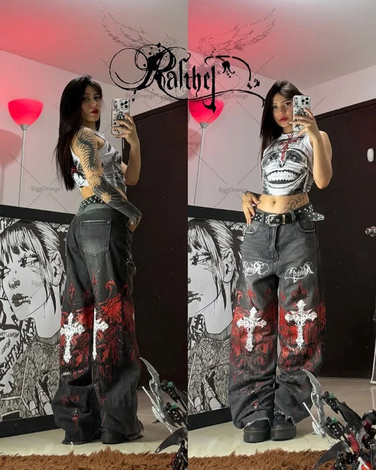 Harajuku Y2K Streetwear Trousers Women Vintage Retro Rock Baggy Jeans Gothic Punk Cross Print Straight Pants High Waisted Jeans