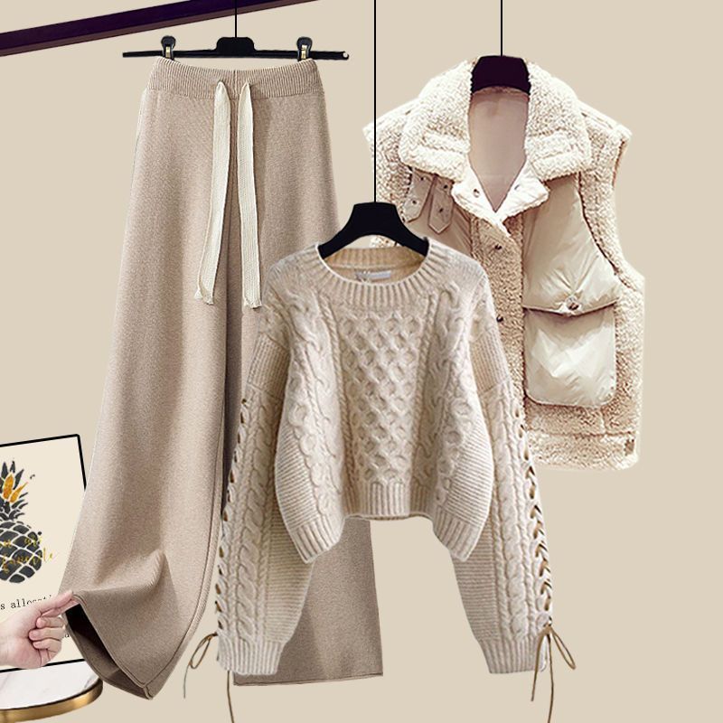 Women's Autumn And Winter Thickened Vest All-matching Knitted Sweater Wide Leg Pants Three-piece Suit