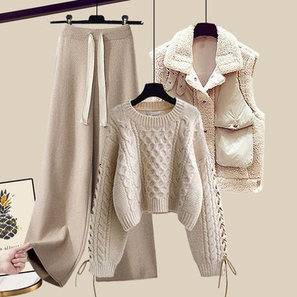 Women's Autumn And Winter Thickened Vest All-matching Knitted Sweater Wide Leg Pants Three-piece Suit
