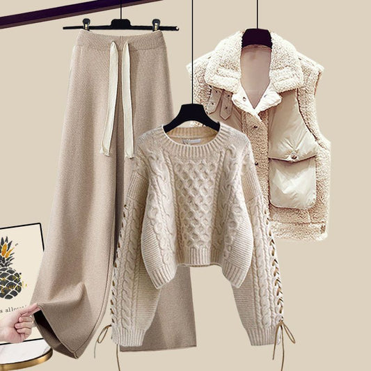 Women's Autumn And Winter Thickened Vest All-matching Knitted Sweater Wide Leg Pants Three-piece Suit