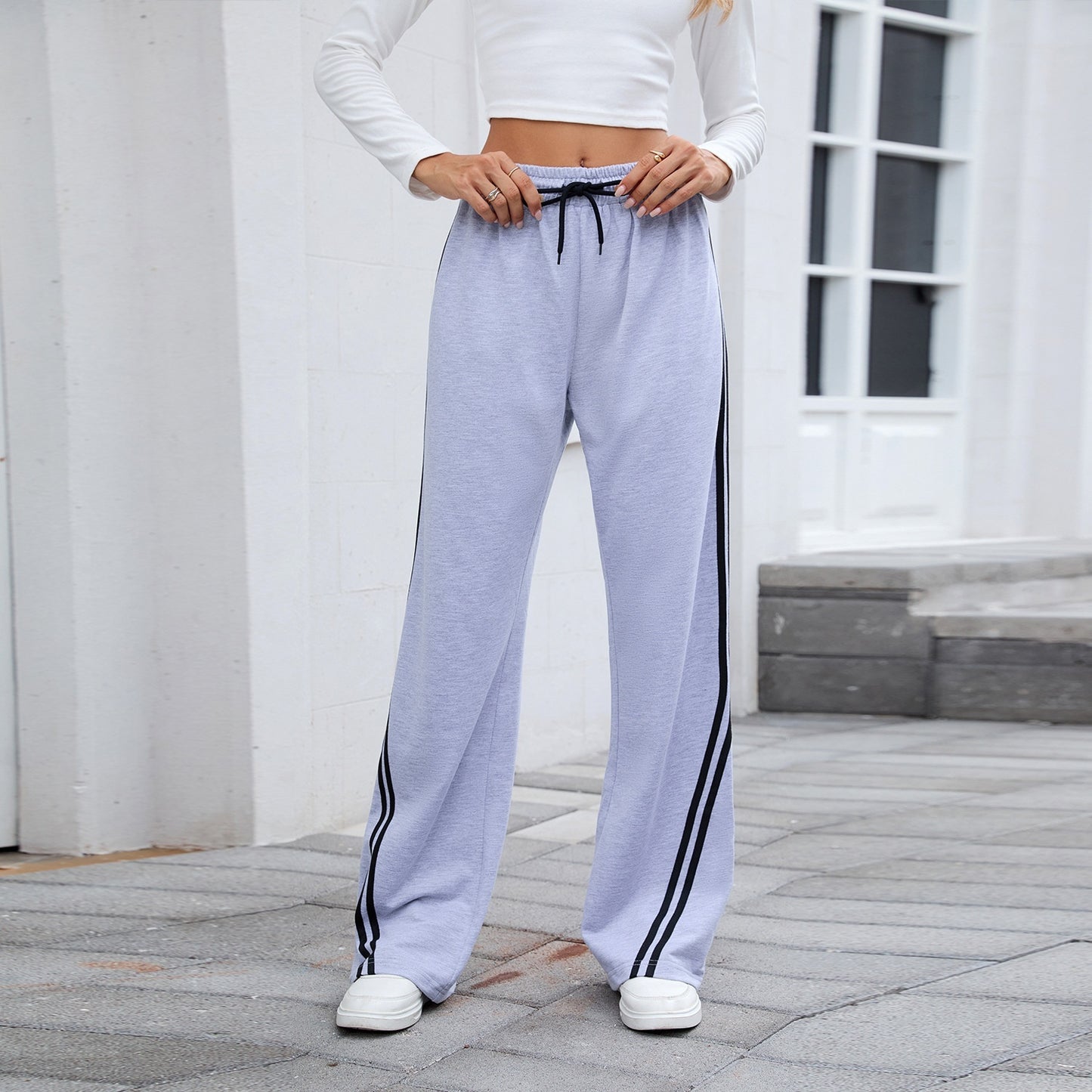 European And American Loose Straight Wide-leg Pants Stripes Lace Up Casual Sweatpants