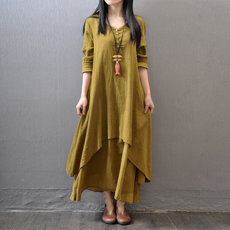 Loose Long Sleeve Cotton And Linen Skirt