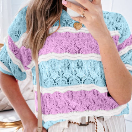 Purple Stripe Color Block Hollow Out Crochet Half Sleeve Sweater