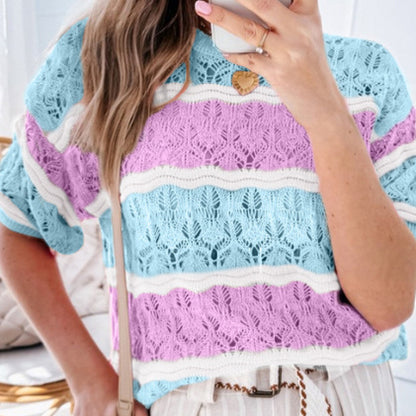 Purple Stripe Color Block Hollow Out Crochet Half Sleeve Sweater