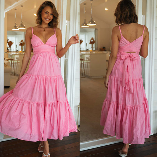 Solid Color V-neck Suspender Stitching Large Swing Long Dress
