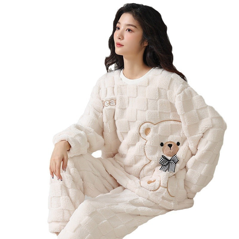 Cartoon Coral Fleece Pajamas Women's Pullover Long-sleeved Thickened Warm