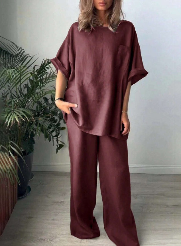 2pcs Women Solid Color Crew Neck Short Sleeve Top And Long Pants Casual Outfit