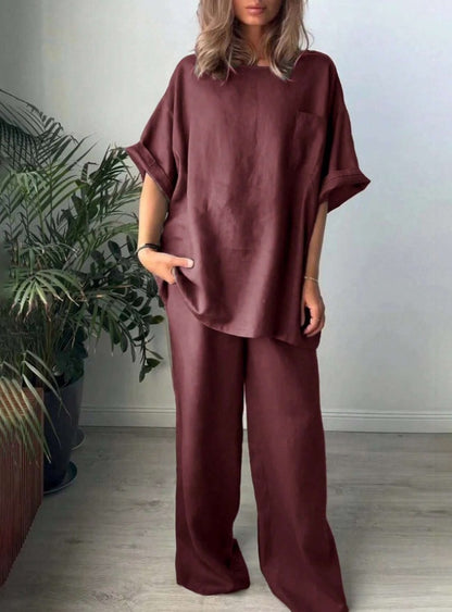 2pcs Women Solid Color Crew Neck Short Sleeve Top And Long Pants Casual Outfit