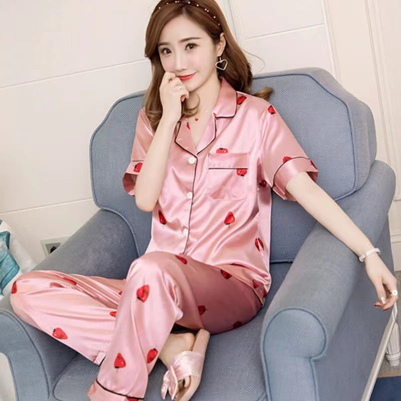 Imitated Silk Pajamas Printed Short-sleeved Trousers Home Wear Two-piece Suit