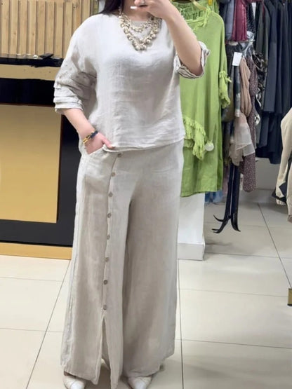 Women's Fashion Casual Loose Solid Color Cotton Linen Short Sleeve Shirt Two-piece Pants Long
