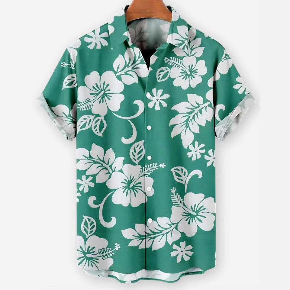 European And American Hawaiian Casual Floral Print Men's Lapel Shirt Short Sleeve