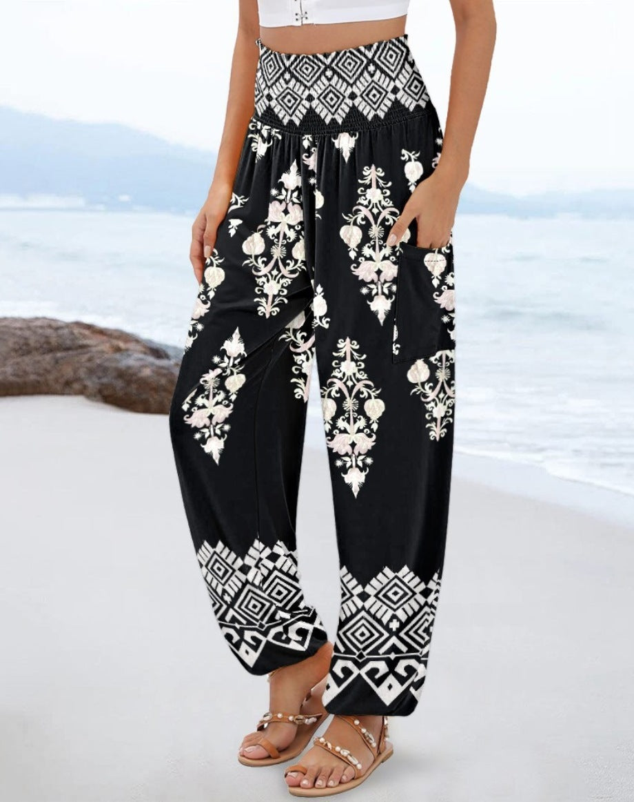 Sling Smocking Waist Positioning Printed Wide Leg Jumpsuit