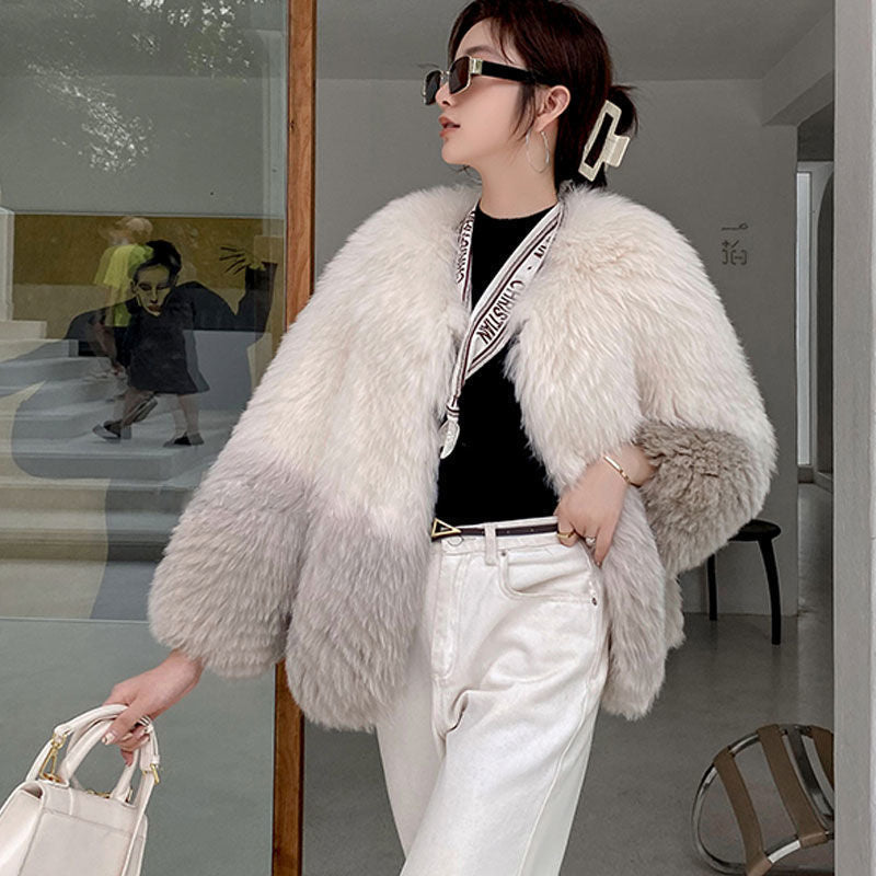Fashionable Women's Gradient Color Fur Warm Jacket