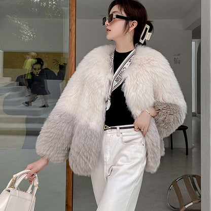 Fashionable Women's Gradient Color Fur Warm Jacket