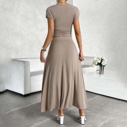Women's Short Sleeve Temperament Pure Color Skirt Suit