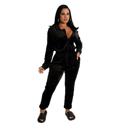 Velvet Long Sleeved Loose Fitting Women's Jumpsuit