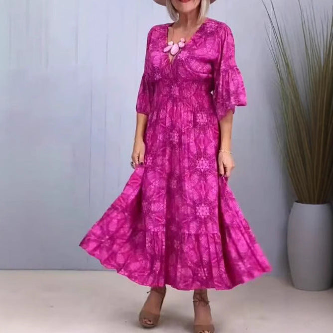 European American Fashion Floral Print V-neck Elegant Dress