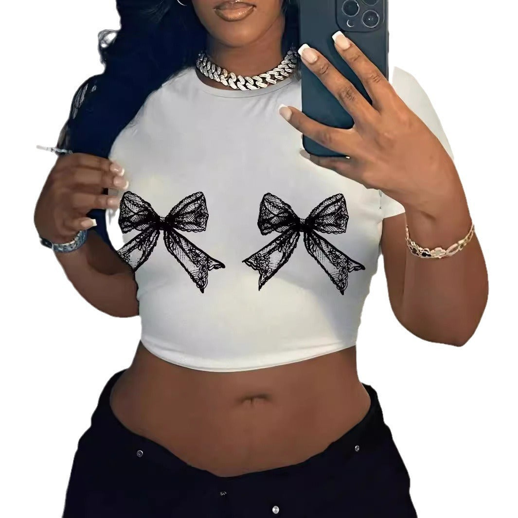 Casual Simple Round Neck Lace Bow Print Short Sleeve