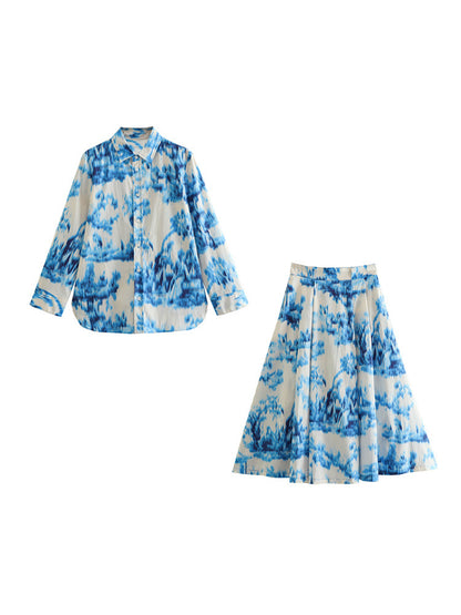 Lapel Loose Printed Poplin Shirt Printed High Waist Skirt