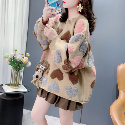 Gentle Younger Sweet Tridimensional Puppy Round Neck Sweater Women's Autumn And Winter 2024 New Loose Heart Knitted Top