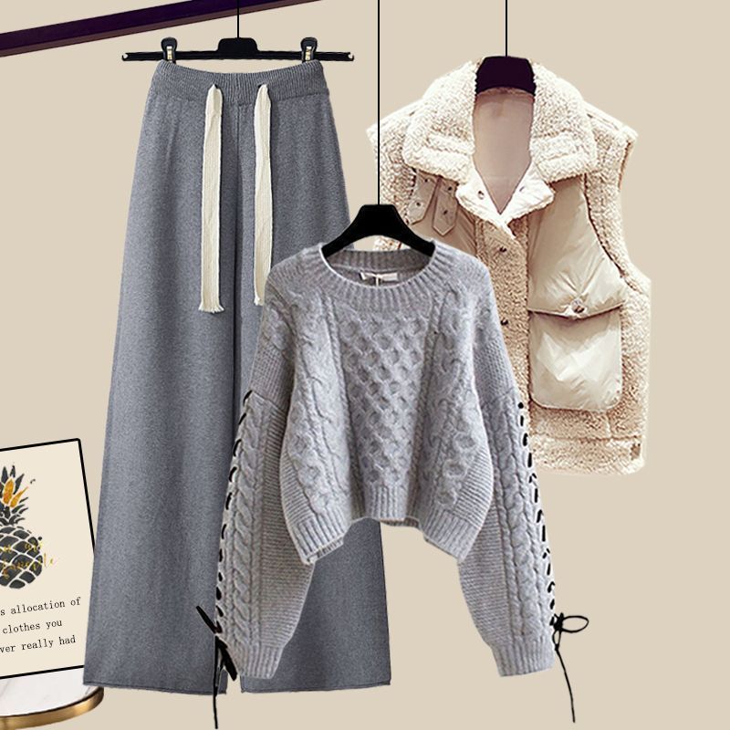Women's Autumn And Winter Thickened Vest All-matching Knitted Sweater Wide Leg Pants Three-piece Suit