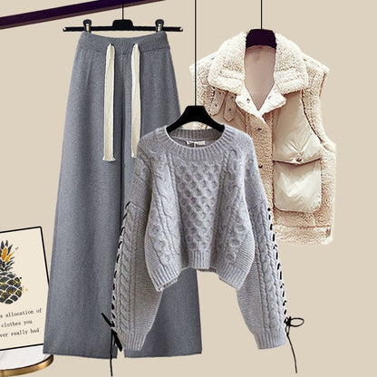 Women's Autumn And Winter Thickened Vest All-matching Knitted Sweater Wide Leg Pants Three-piece Suit